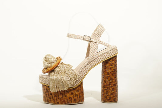 Beige woven platform heels with earth-toned details